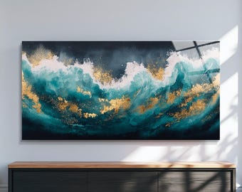 Abstract Teal and Gold Ocean Wave Glass Wall Art, Panoramic Home Decor