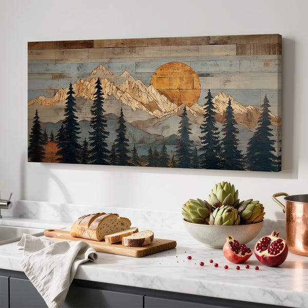 Wood Mountain Canvas Wall Art, Rustic Wooden Effect Style Print, Farmhouse Wall Decor