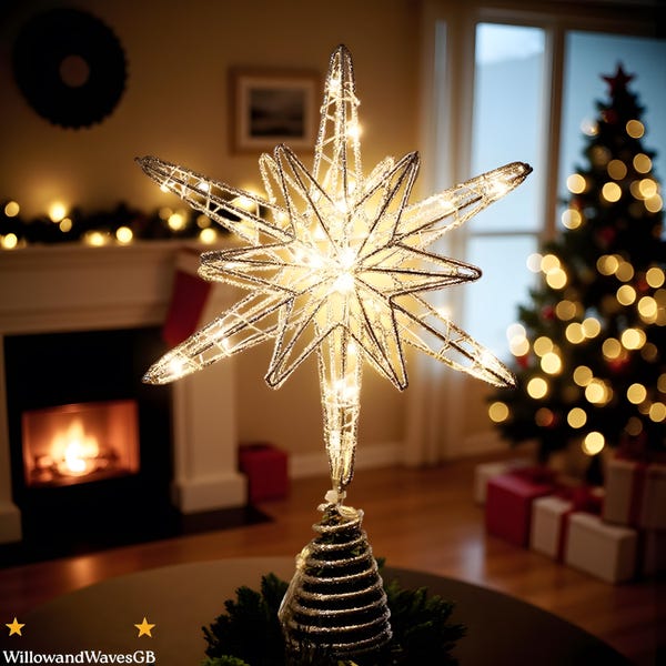 Verlichte kerstboomtopperster - zilveren glitter led-boomtopper, 3D-sterdecoratie met glitters, kerstdecor op batterijen