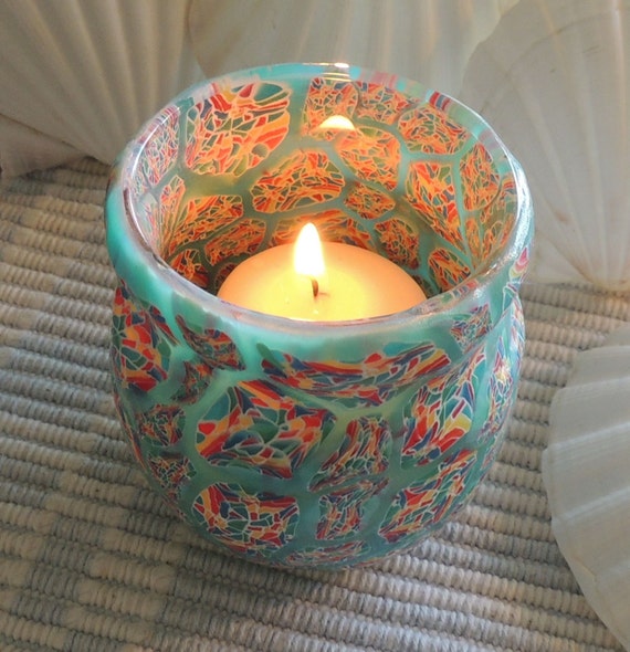 Items similar to OOAK Turquise Translucent Polymer Clay Tea Light