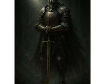 Dark Knight Wall Art Print, Medieval Armor Fantasy Poster, Gothic Warrior Decor, Knight with Sword Artwork, Unframed