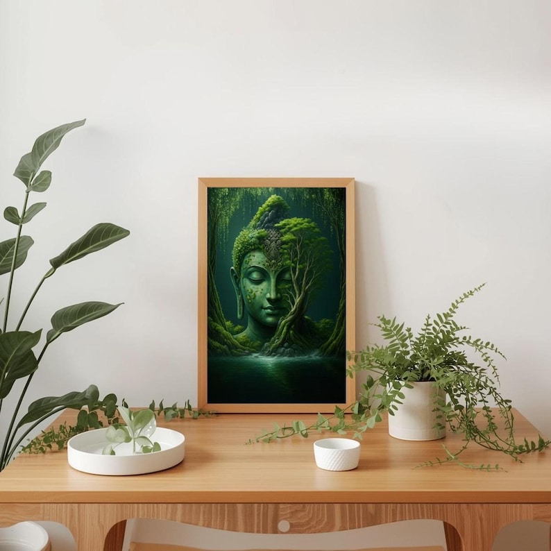 A framed print of a green Buddha head in a forest sits on a light wooden desk next to a white planter with a green plant.