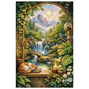 Cottagecore Wall Art – Cozy Window View with Sleeping Cat and Waterfall