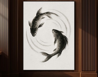 Yin Yang Koi Fish Wall Art Print, Japanese Ink Painting, Minimalist Zen Decor, Black and White Koi Poster, Unframed
