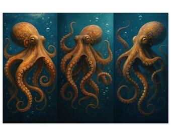 Octopus Wall Art Triptych Print, Underwater Ocean Decor