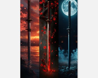 Samurai Wall Art, Katana Triptych Print with Seasonal Scenes