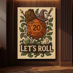 May include: A framed print featuring a D20 die with the number 20, a sword, a wizard hat, and the text "LET'S ROLL". The artwork has a vintage style with a brown, orange, and green color scheme. A backpack, potion bottle, and a six-sided die are also included.