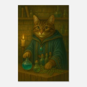 May include: A whimsical illustration of a cat dressed as a wizard, wearing a teal robe with gold trim and a gemstone pendant. The cat is surrounded by potion bottles, a lit candle, and herbs, creating a magical, fantasy theme.