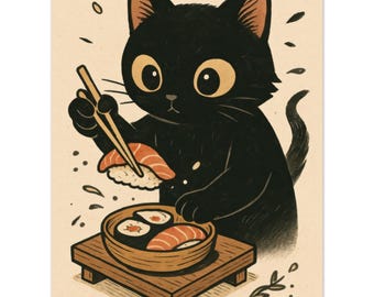 Japanese Style Black Cat Eating Sushi Art Print