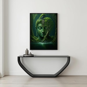 A large framed print of a green Buddha head in a forest hangs above a black console table with two dark vases.