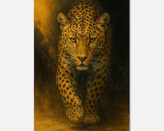 Quadro con leopardo dorato, stampa di fauna selvatica di grande impatto con ombre suggestive.