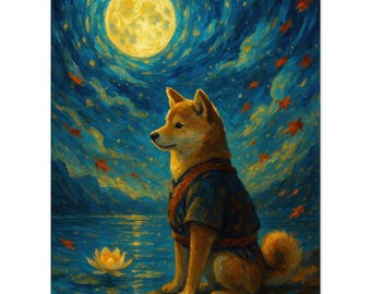Shiba Inu Mond Gemälde | Sternenklare Nacht Hund Wandkunst