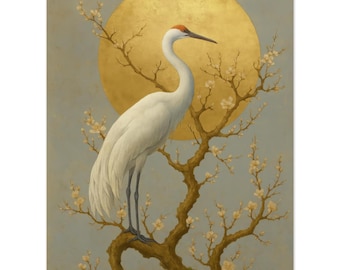 Japanese Crane Wall Art Print, Gold Moon Artwork for Asian Decor