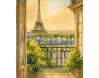 French Balcony View Artwork, Paris Eiffel Tower Watercolor Wall Art Print, Romantic Paris Home Decor