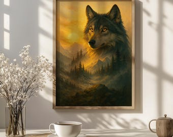 Wolf Wall Art, Majestic Landscape Print Under Golden Sunset