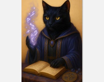 Black Cat Wizard Art Print, Mystic Spellbook, Witchy Home Decor