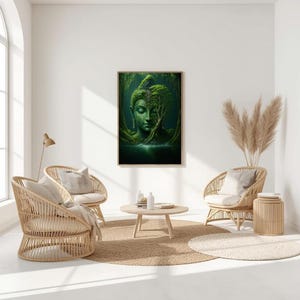 A framed print of a green Buddha head in a forest hangs on a white wall in a living room with wicker chairs and a round rug.