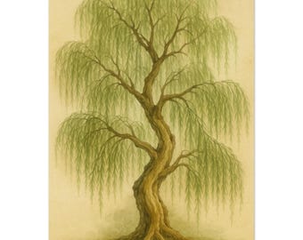 Weeping Willow Tree Wall Art Print – Serene Watercolor Tree Painting, Nature Inspired Decor, Calm Minimal Botanical Poster
