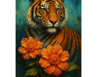 Tiger Wall Art Print with Vibrant Orange Flowers – Bold Wildlife Decor