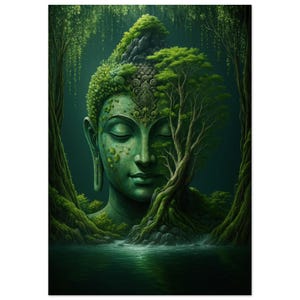 A digital painting of a green Buddha head emerging from a dark forest, with trees growing on its head and face, and water at its base.