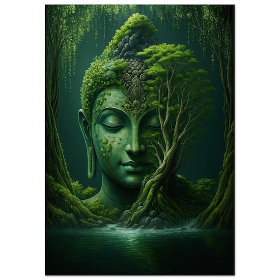 Zen Wall Decor – Green Buddha Nature Art Print, Tranquil Forest Meditation Artwork