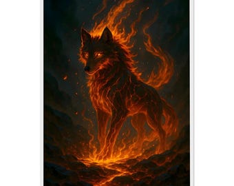 Flaming Wolf Wall Artwork | Mythical Fire Spirit Animal Print | Dark Fantasy Creature Poster | Mystic Ember Beast Decor | Powerful Gift Art