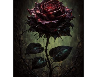 Stampa artistica Rosa Scuro, decorazione murale floreale gotica, poster nero suggestivo