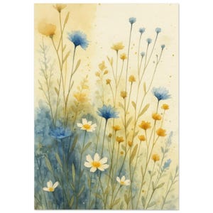 Wildflower Wall Art Print, Soft Blue and Yellow Watercolor Floral Decor