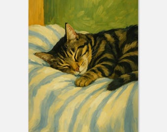 Sleeping Cat Wall Art Print, Cozy Tabby Cat Painting for Bedroom Decor