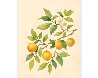 Lemon Wall Art, Vintage Botanical Print with Watercolor Citrus Illustration