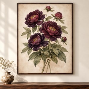 May include: A framed wall art print featuring a botanical illustration of dark purple peony flowers with yellow centres and green leaves on a textured, light beige background. The artwork is enclosed in a thin, dark brown wooden frame.