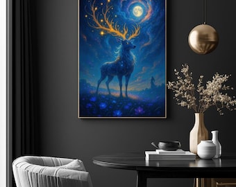 Póster de fantasía de ciervo celestial: arte mural luminoso de ciervo