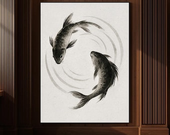Koi Fish Wall Art Print, Minimalist Japanese Ink Painting, Unframed Poster