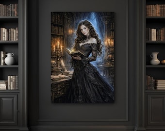 Victoriaanse gotische kunstprint, donkere bibliothecaresse muurdecoratie.