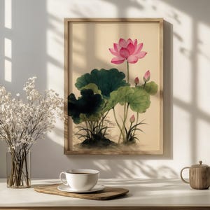 Lotus Wall Art, Pink Watercolor Flower Print with Lush Green Leaves