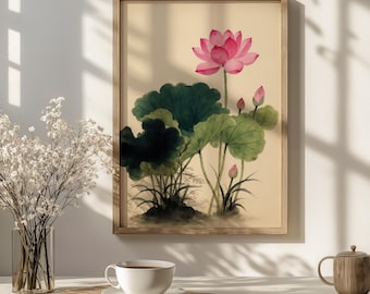 Lotus Wall Art, Pink Watercolor Flower Print with Lush Green Leaves