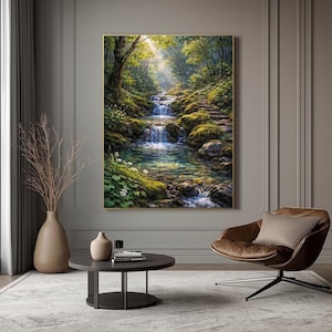 Waterfall Wall Art – Woodland Stream Landscape Print for Tranquil Home Decor