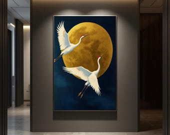 Japanese Crane Art Print – Golden Moon Wall Decor, Minimalist Asian Design
