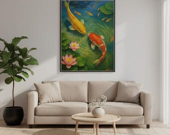 Koi Fish Wall Art Print, Colorful Koi Pond Artwork with Lotus Flowers