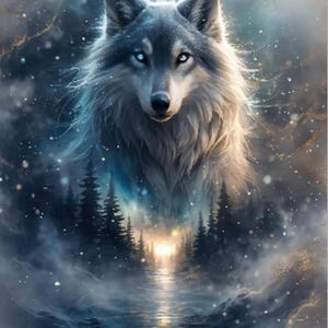 Poster di lupo mistico, scena di foresta fantasy, arredamento nordico