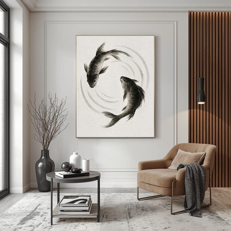 Yin Yang Koi Fish Wall Art Print, Japanese Ink Painting, Minimalist Zen ...