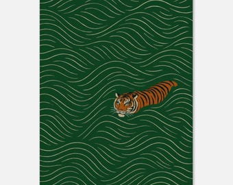 Lámina artística de tigre nadando, decoración de pared minimalista de inspiración japonesa en color verde.