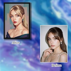 May include: A framed pop art style portrait of a woman with blonde hair and red lipstick, labelled "After". Next to it is a photograph of the same woman, labelled "Before".