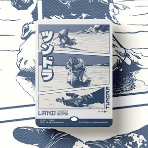 May include: A rectangular trading card featuring a blue and white illustration of a figure in a snowy landscape with a sword. The card displays Japanese text, the word TUNDRA, and the text LAND ISLAND. The design includes three panels showing a figure walking, kneeling, and holding a sword hilt.