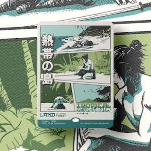 May include: A rectangular trading card featuring a comic-style illustration of a warrior on a beach. The card displays Japanese text, the words Tropical Island, and Land Island Forest. The artwork uses a palette of green, teal, and white.