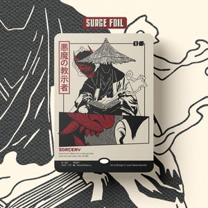 May include: A rectangular trading card with a cream background featuring a black and red illustration of a figure in a conical hat reading a book. The card displays the text SURGE FOIL, SORCERY, and Japanese characters, with a red demon mask graphic.