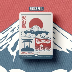 May include: A rectangular trading card featuring a surge foil finish, displaying a graphic of a mountain, a red sun, a torii gate, and a masked figure. The text includes 'VOLCANIC ISLAND', 'LAND', 'ISLAND MOUNTAIN', and Japanese characters in a red and blue palette.