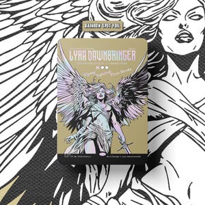 May include: A rectangular trading card featuring Lyra Dawnbringer with large wings, holding a sword. The card has a gold background, rainbow spot foil accents, and text including Flying, Lifelink, and First Strike. The artwork is stylized in black and white lines with soft purple and blue highlights on the character.
