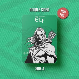 May include: A double-sided green Elf token card with a black and white illustration of an elf archer. The card has the text "ELF", "TOKEN CREATURE", "2/2", "SIDE A", and a red "NON FOIL" sticker.