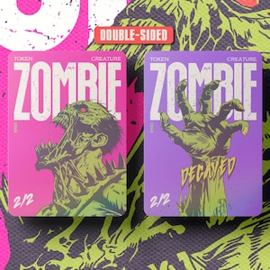 May include: A double-sided rectangular game token card featuring a zombie illustration. The left side has a pink background with a screaming zombie, while the right side has a purple background with a reaching zombie hand and the text DECAYED.